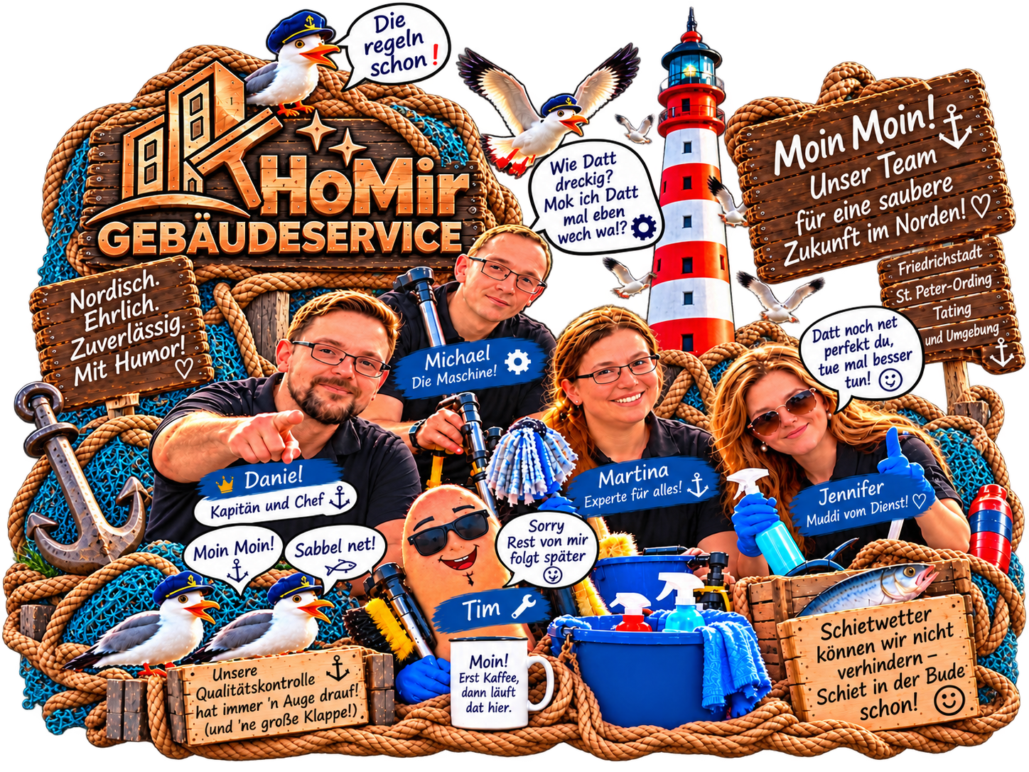 HoMir Gebäudeservice – unser Team mit norddeutschem Humor, Möwen, Leuchtturm und Holzschildern