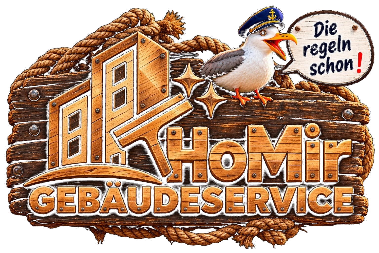 HoMir Gebäudeservice – Holzlogo mit Möwe und dem Spruch Die regeln schon!